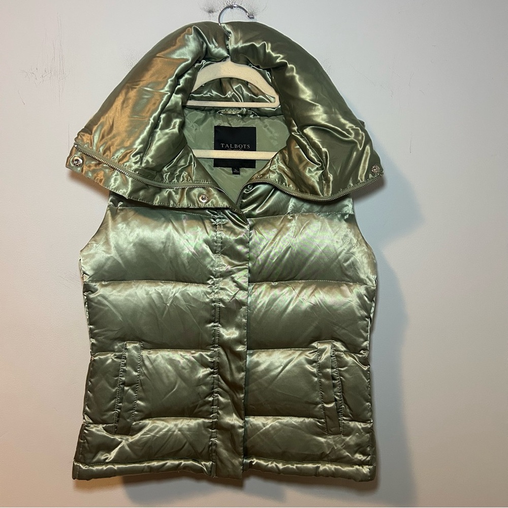 Talbots Metallic Sage Green Full-Zip Down Puffer Vest Size Small Petite